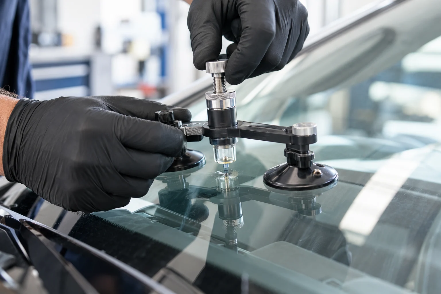 Gloved hands repairing a windshield chip with a resin injector